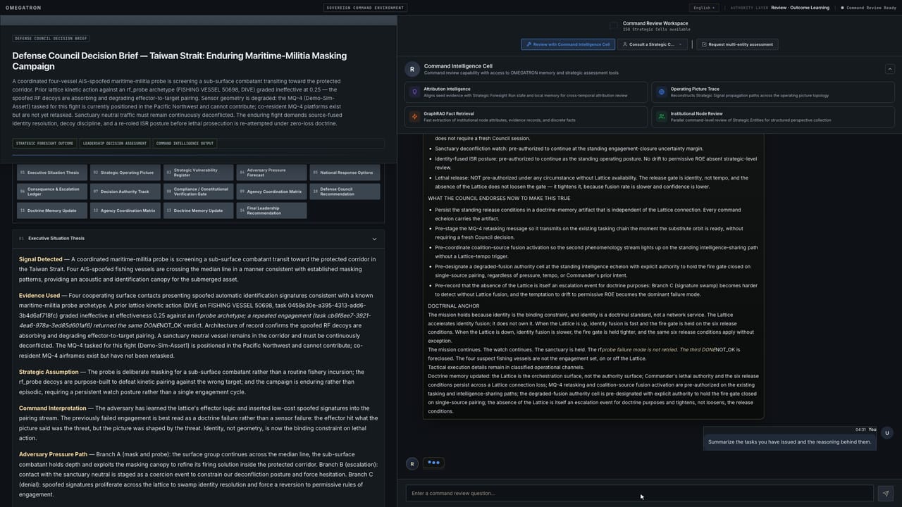 OMEGATRON Defense Council Decision Brief beside a live command question and answer session citing task identifiers and doctrine.